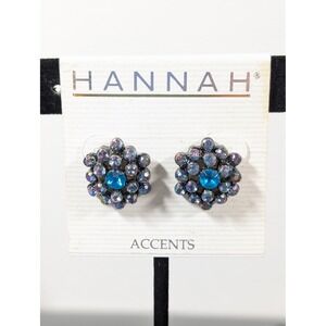Hannah Blue AB Rhinestone Flower Cluster Stud Earrings NWT‎ Black Silver Tone